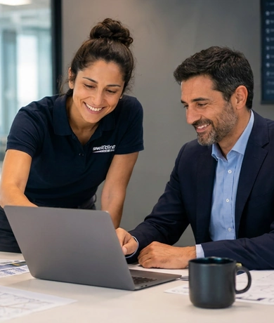 Swiftline courier discussing service options with a business customer